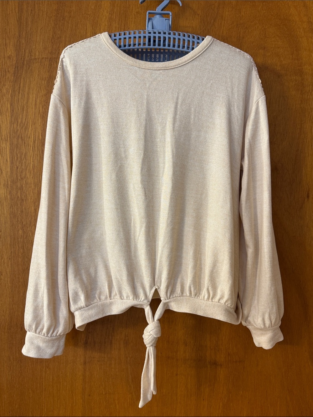 89th & Madison Women's Tie-Hem Long Sleeve Beige with Lace Shoulder Decal